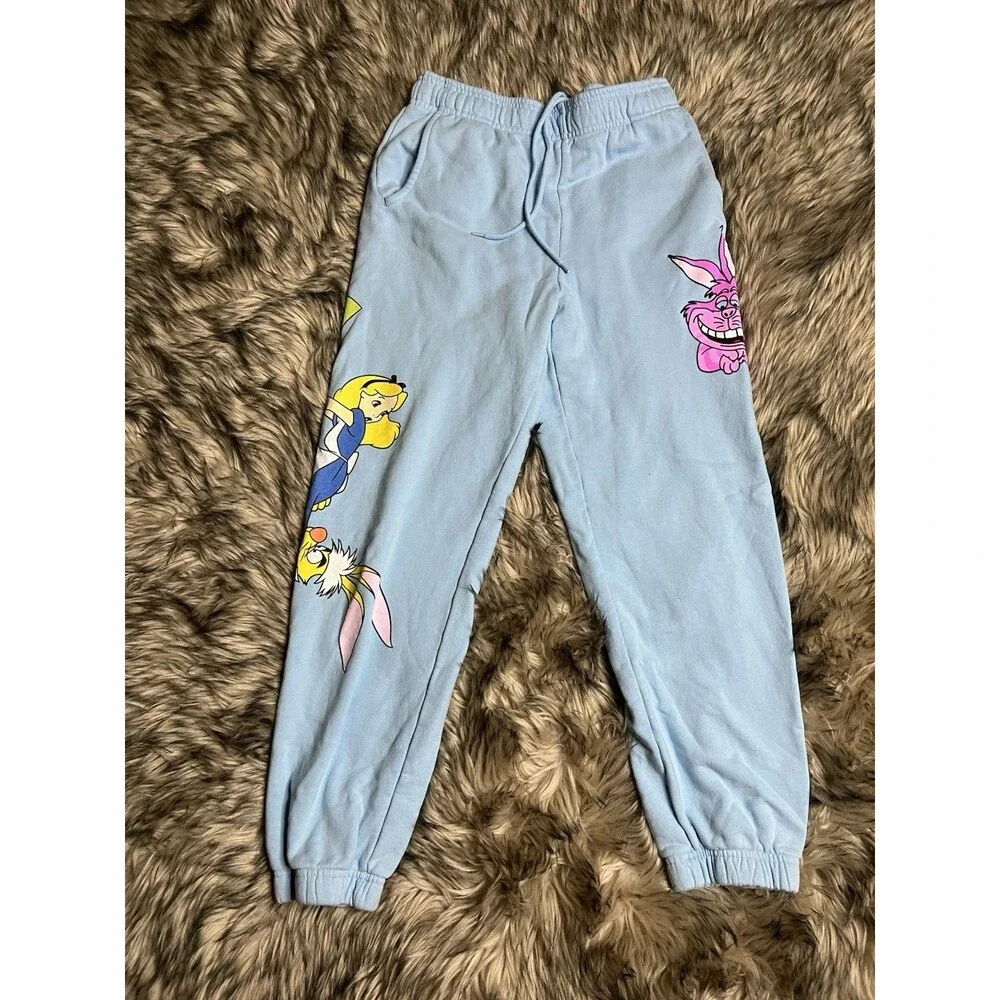 Disney Alice in Wonderland Graphic Sweatpants Light Blue Joggers Sz L Women